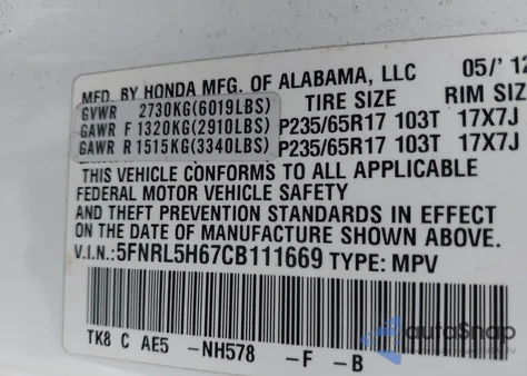 2012 Honda Odyssey Ex-L from USA, damaged, VIN 5FNRL5H67CB111669
